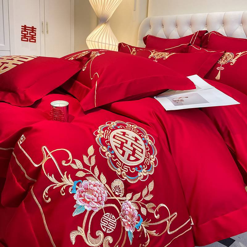 中式结婚四件套红色婚庆床单被套婚房喜被子一整套全套新婚陪嫁礼