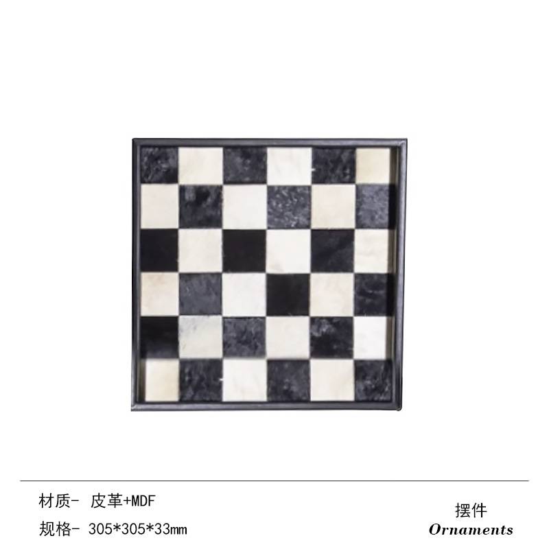 黑白格子条纹马毛托盘摆件酒店样板家置物架桌面装饰品现代摆设