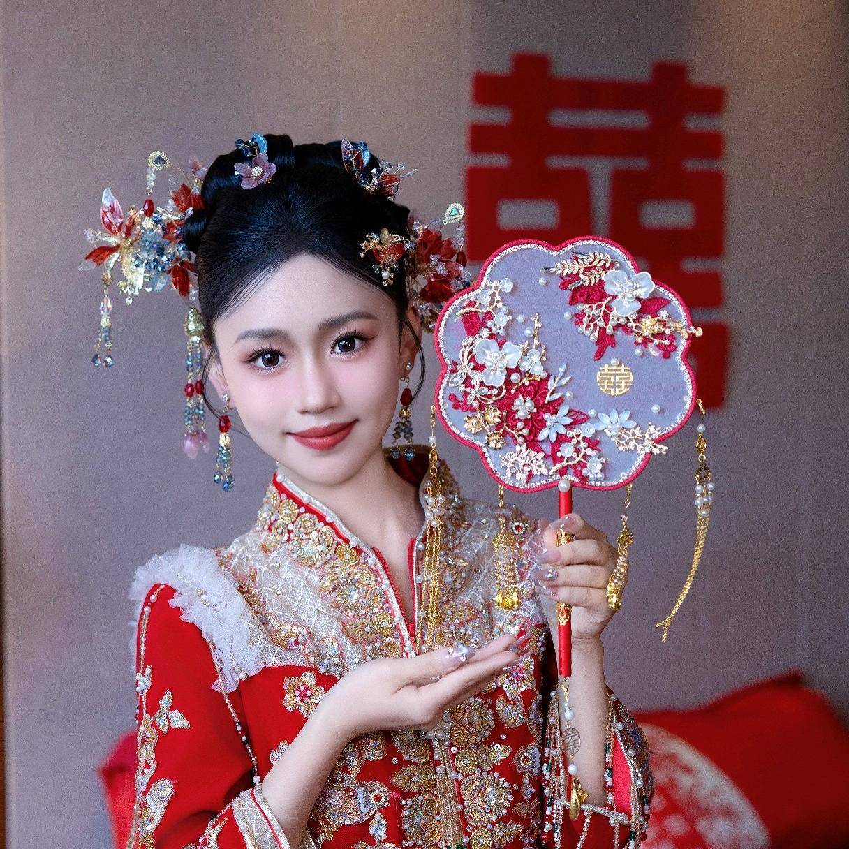 2料02团扇新娘结婚F96887MT材秀喜扇红色5成品手工婚嫁订婚古风大