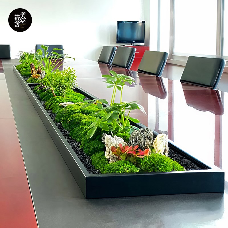 会议桌中间微景观摆件长桌苔藓绿植造景桌面装饰假R花摆设/美空20