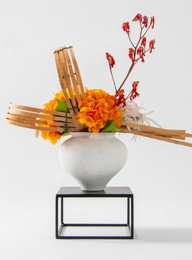 新中式侘寂风现j代橙色调干花绣球花艺样板间茶室酒店大堂花艺摆