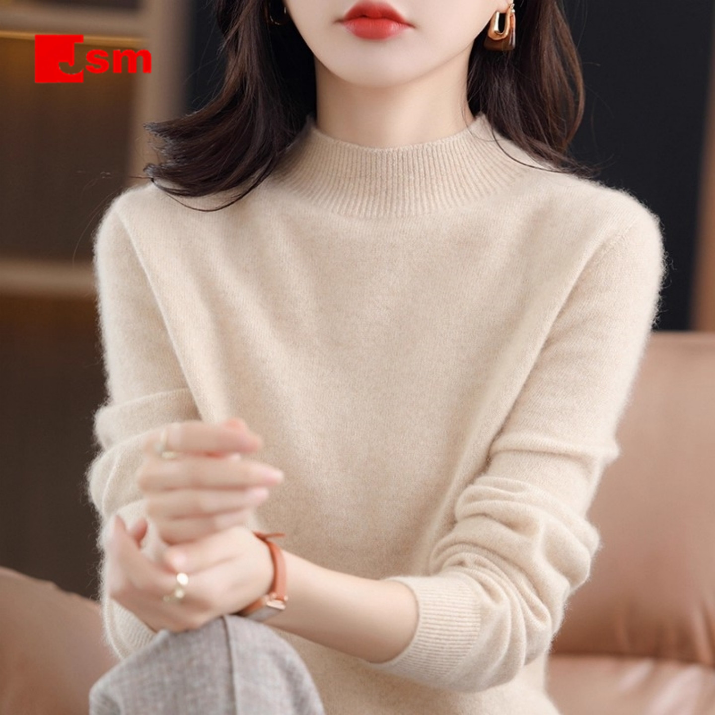 就世美一线成衣无缝羊毛衫女纯羊毛秋冬半高领宽松套头打底毛衣