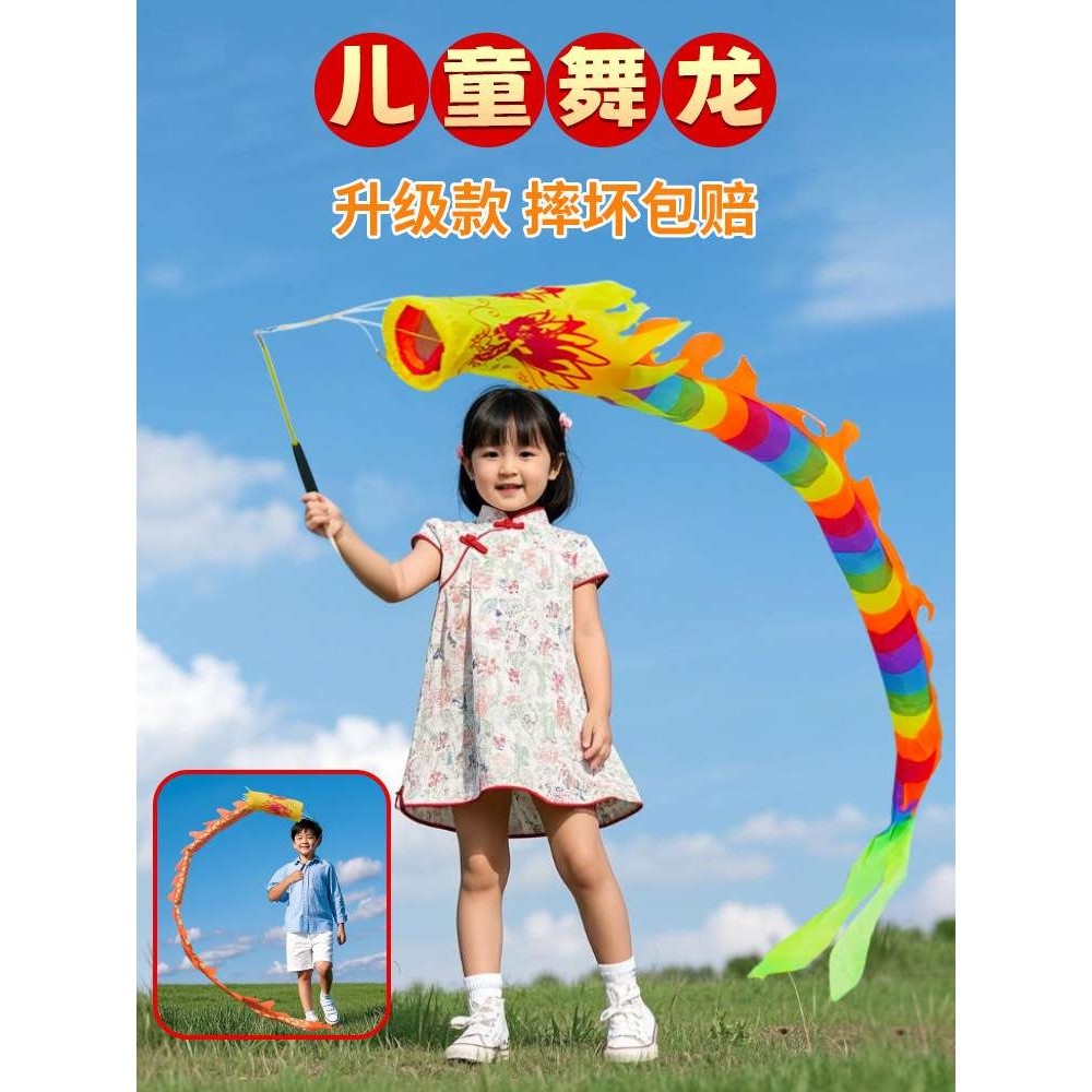 舞龙彩带健身儿童甩甩龙道具广场彩带舞龙耍表演初学杆甩空竹龙彩