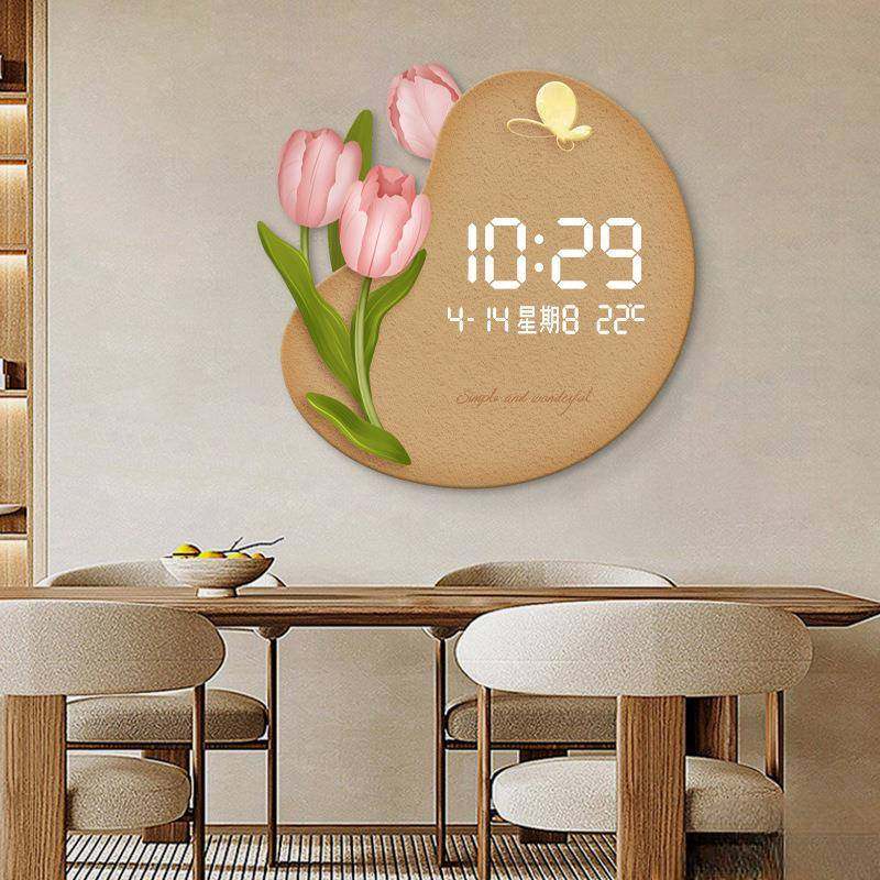 郁金香电子钟表挂钟客餐厅装饰画创意新款LED灯光数显挂墙时钟表