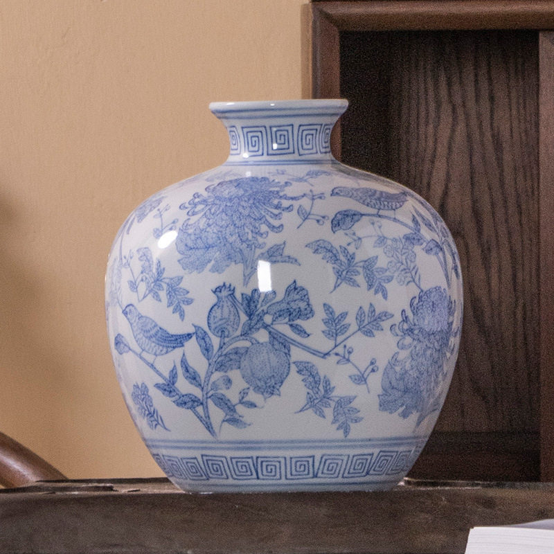 淡雅青花瓷石榴花瓶水培花客厅高档插花装饰品摆件艺术花器花瓶