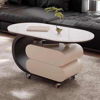 实木风现代简约岩板茶几小户型轻奢茶几客厅边柜可移动储物椭圆形