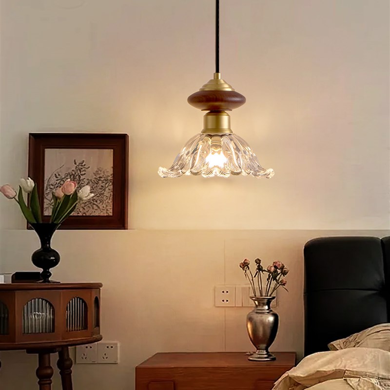 中古风花朵玻璃吊灯法式覆古胡桃木黄铜餐厅吧台民V宿卧室床头吊
