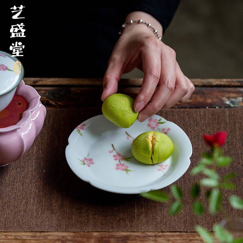 纯手绘桃花壶承家用陶瓷茶台盖碗托中式干泡盘茶托创意花瓣茶点盘