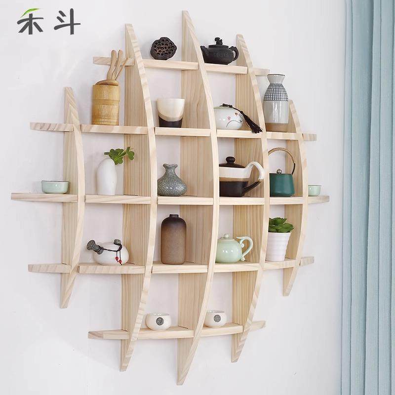 挂墙博古架实木新中式茶壁挂室茶置物架多宝阁多种款式架子古具仿
