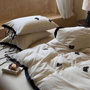 皆宜床品 棉麻混纺四件套立体蝴蝶黑色宽边被套四季 蝶栖云畔 法式