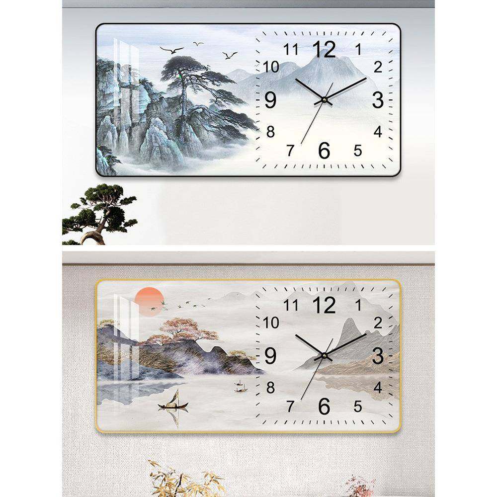 新中式挂钟装饰画新款钟表大气山水画客厅时钟静音万年历家用
