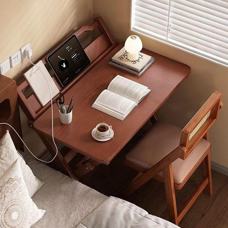 折叠书桌实木色桌子小户型家用学习桌卧室电脑桌床头写字无需安装