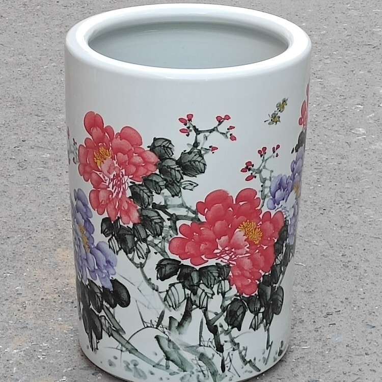 陶瓷手绘牡丹书画桶荷花卷轴缸字画收纳落地家居客厅书房装饰摆件图片