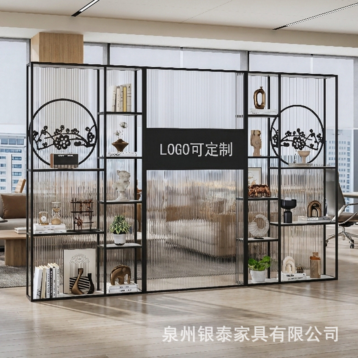 办公室前台logo玻璃隔断置物架现代简约形象装饰墙屏风遮挡玄关柜