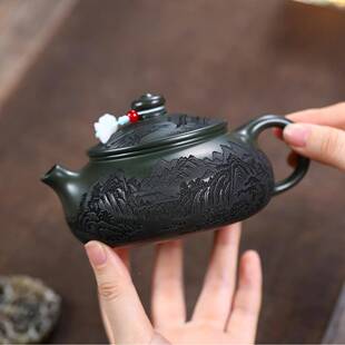 销宜兴紫砂壶匠人工制作原ZHIFU-矿墨绿泥满手刻山寒水江高端分茶