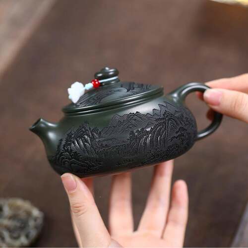 销宜兴紫砂壶匠人工制作原ZHIFU-矿墨绿泥满手刻山寒水江高端分茶