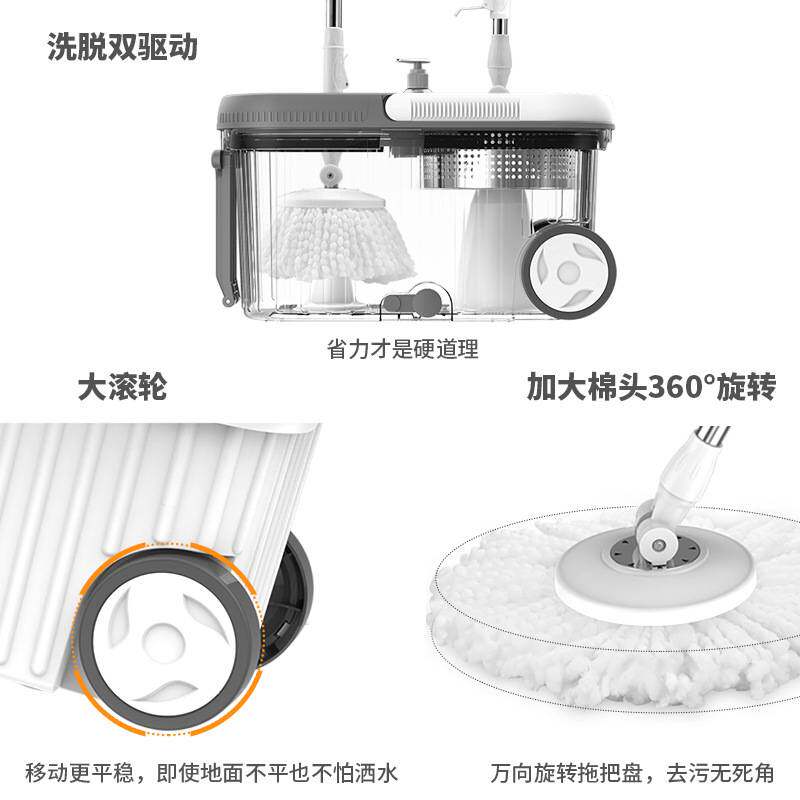 加大滚轮双驱动甩干免手洗拖布桶替换头吸水旋转拖把可挤水