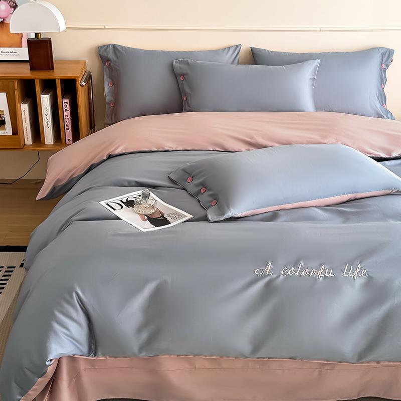 高端A类100支超柔长绒棉贡缎四件套全棉纯棉纽扣被套简约床上用品