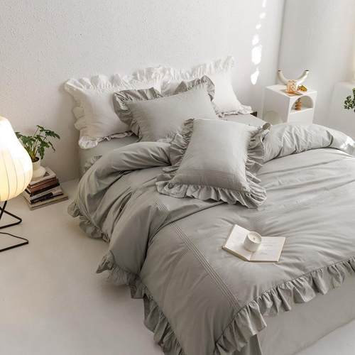 全棉泡芙韩版四件套花边公主风被套少女小清新荷叶边法式纯棉床品