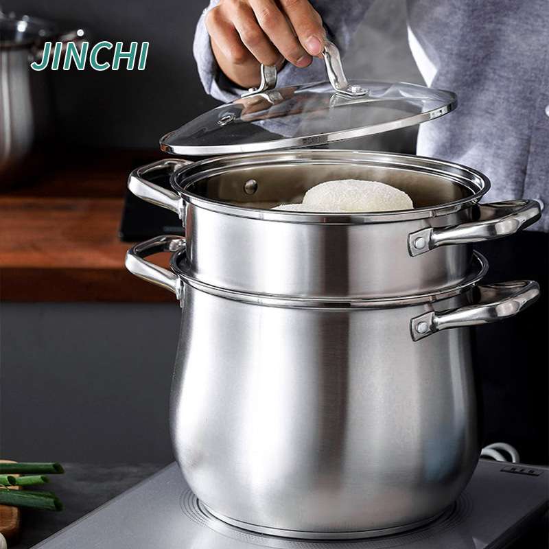 汤锅 酒店304不锈钢汤锅鼓型大肚锅高汤锅带蒸格不锈钢锅  蒸锅