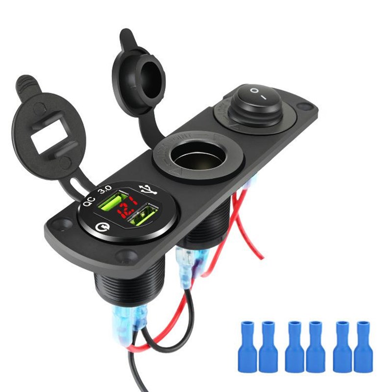 汽房车改装双USB金属车充电源插座防水开关组合QC3.0快充12-24V