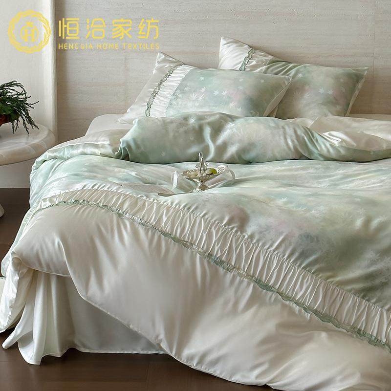 油画风凉感莱赛尔纤维四件套春夏清新印花褶皱边丝滑被套床品蓝色