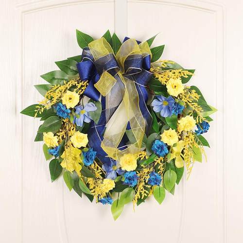 鸿禹 春天黄色蓝色仿真花飘带圆形花环 向日葵花人造装饰节日花环