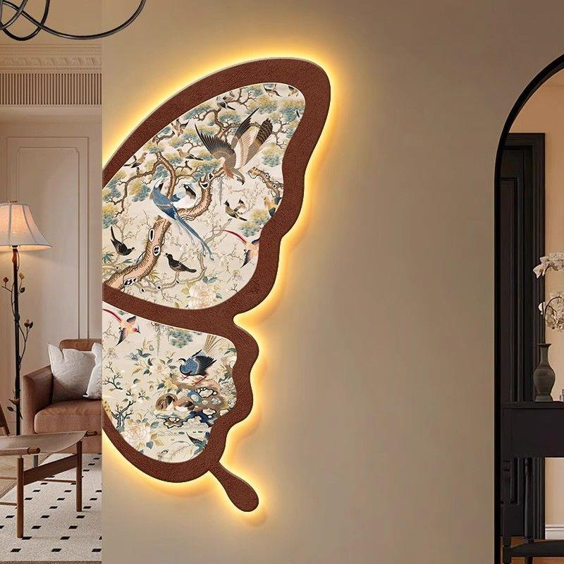 玄关装饰画入户正对门中古风竹子画鸟蝴蝶带灯走廊过道客厅挂画