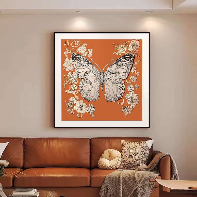 橙意满满手绘装饰画中古风客厅花卉挂画正方形餐厅画饭厅墙面壁画图片
