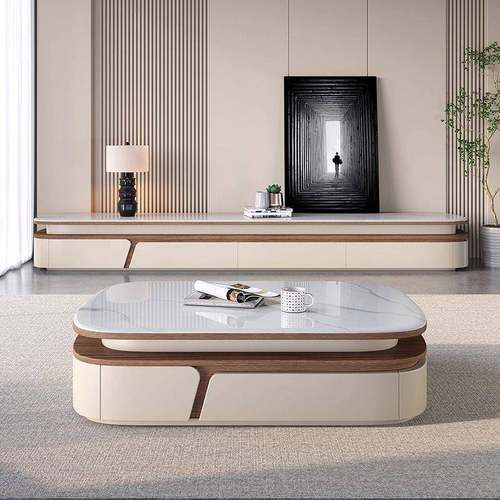 轻奢椭圆微晶石岩板茶几电视柜组合简约现代小户型茶几客厅家用