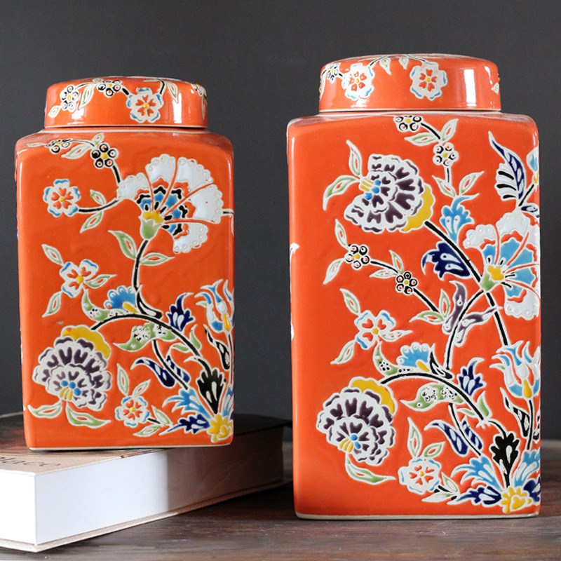 欧式复古仿古花瓶陶瓷四方t罐台面摆件储物罐陶罐瓶乡村家居装饰