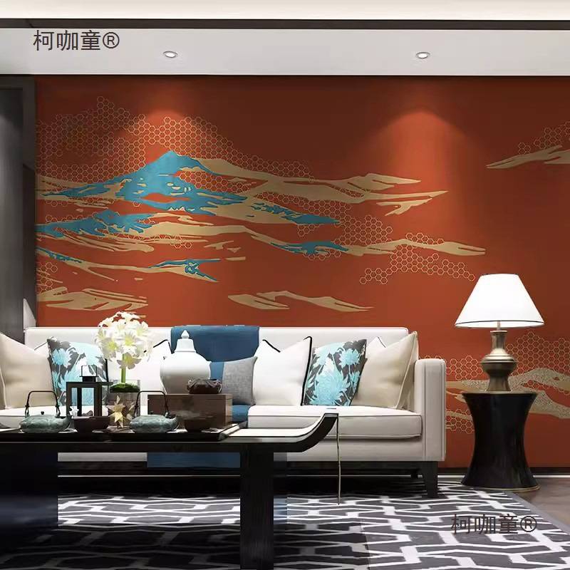 新中式红色山水墙布客厅大堂背景壁布酒店餐厅包厢装饰墙纸麦太保