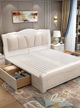 欧式实木床白色皮靠床简约家具双人床皮靠轻奢储物公主床婚智高圆