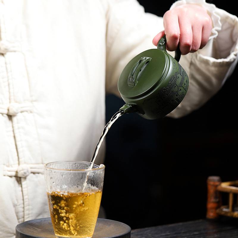 宜兴全手工墨绿泥名家款紫砂壶一件起批 古韵龙瓦泡茶壶密文发货