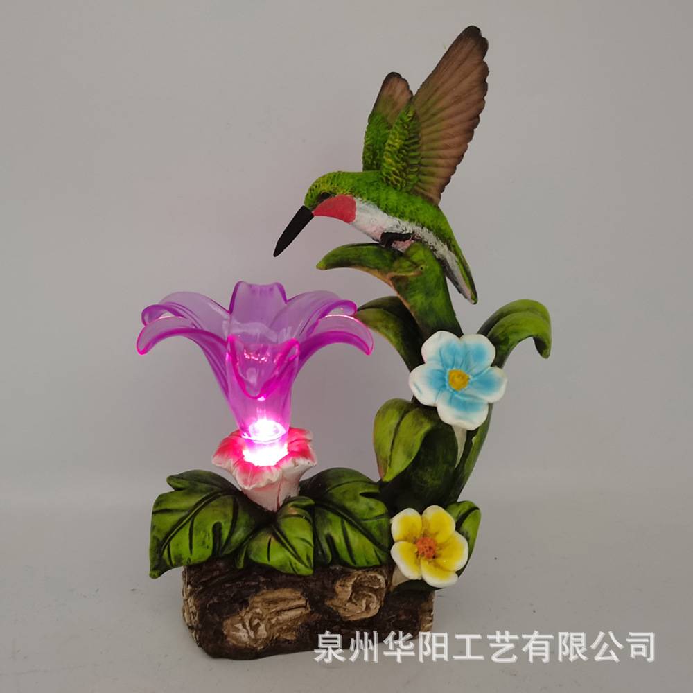 花园喇叭花蜂鸟太阳能亮灯摆件树脂工艺品户外庭院落地动物装饰品