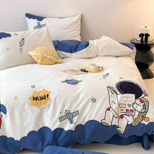 儿童卡通水洗棉床上三四件套全棉贴布绣被套1.8m床单床上用品