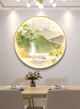 流行简约绿色奶油风流水生财玄关装饰画山水画客厅挂画圆形餐厅