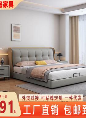 现代简约奶油风皮床双人大床主卧婚床1.5m气压储物实木床皮艺收纳