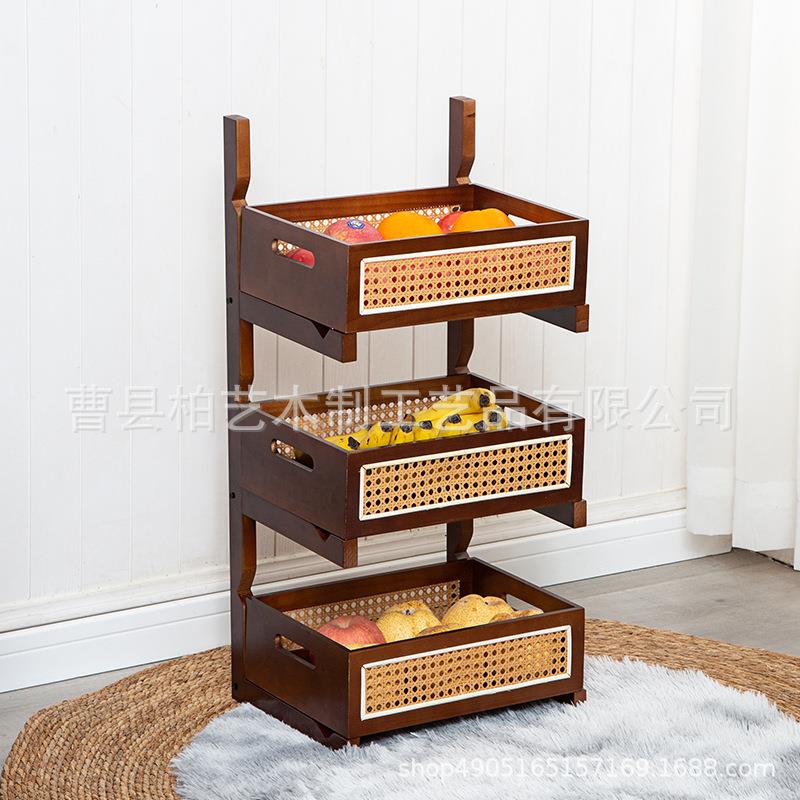现货中收式木落地实式杂物置物架书架厨房多层水果实木置物客厅装
