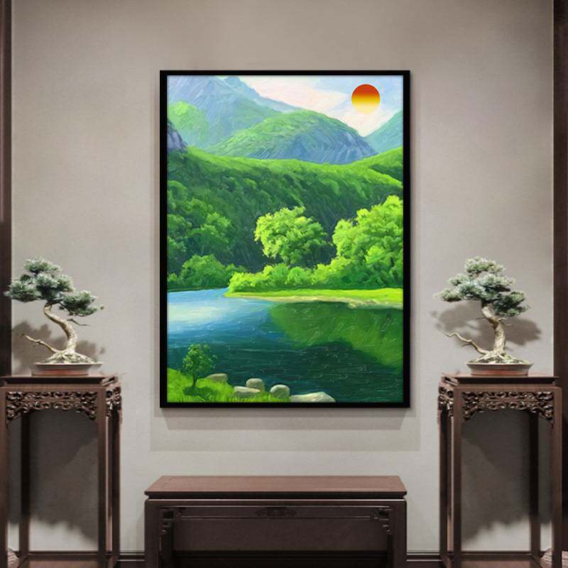 山水画青山绿水风景挂画聚宝盆装饰画客厅玄关餐厅竖版办公室壁画