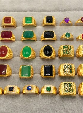 越南沙金戒指男女士活口r镀金玛瑙宝石戒指环福财发字个性潮男戒