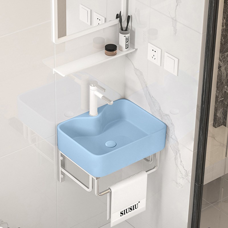 省空间小户型挂墙式天蓝色陶瓷洗手盆不锈钢支架洗脸X盘阳台水池