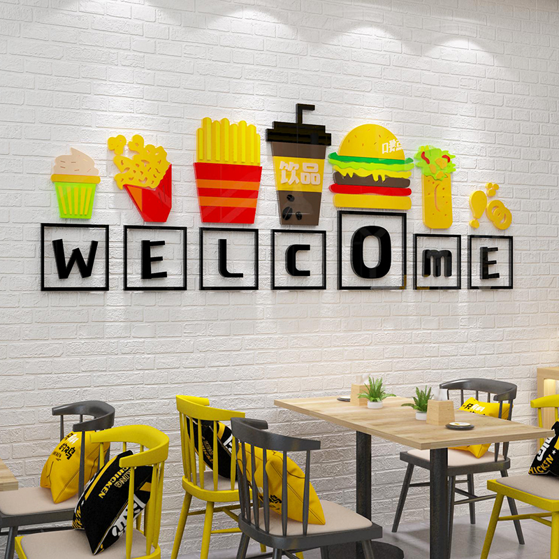 网红炸鸡店厅汉堡店墙面装饰品场景布置玻M璃门壁纸贴画创意背景图片