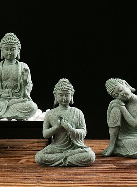 青砂石五佛沉思桌面禅q意小摆件新中式雅致茶宠茶玩微景观石雕