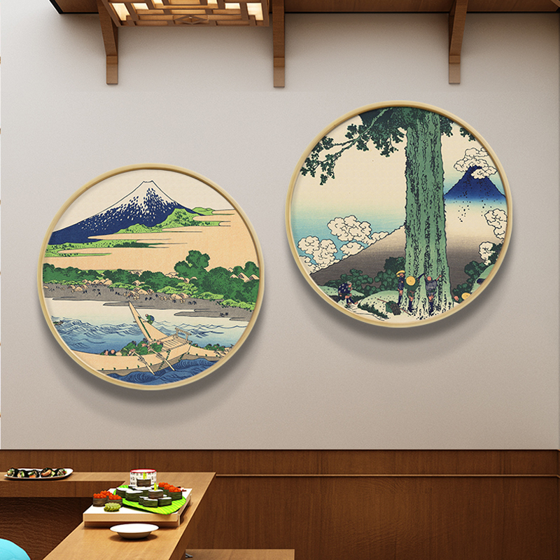 日式风格餐厅装饰圆形浮世绘挂画料理店J背景墙面料理店民宿原木图片