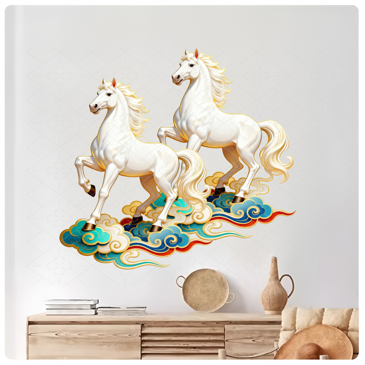 中式祥云骏马墙贴客厅卧室装饰自粘贴纸吉祥古风马冰箱橱柜墙贴画