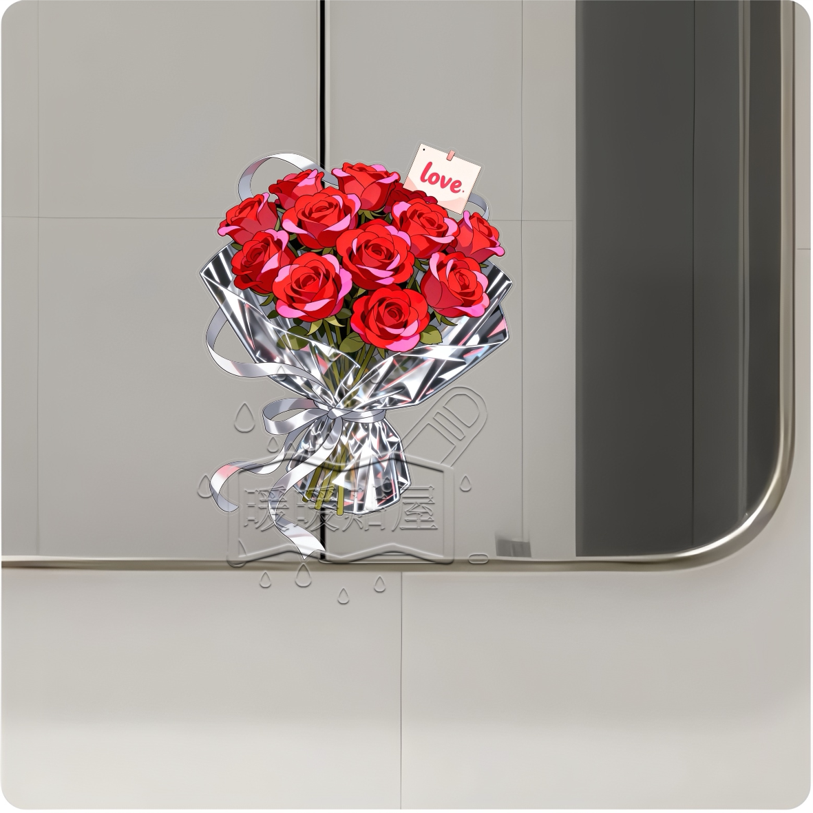 红色玫瑰花束自粘UV玻璃窗贴