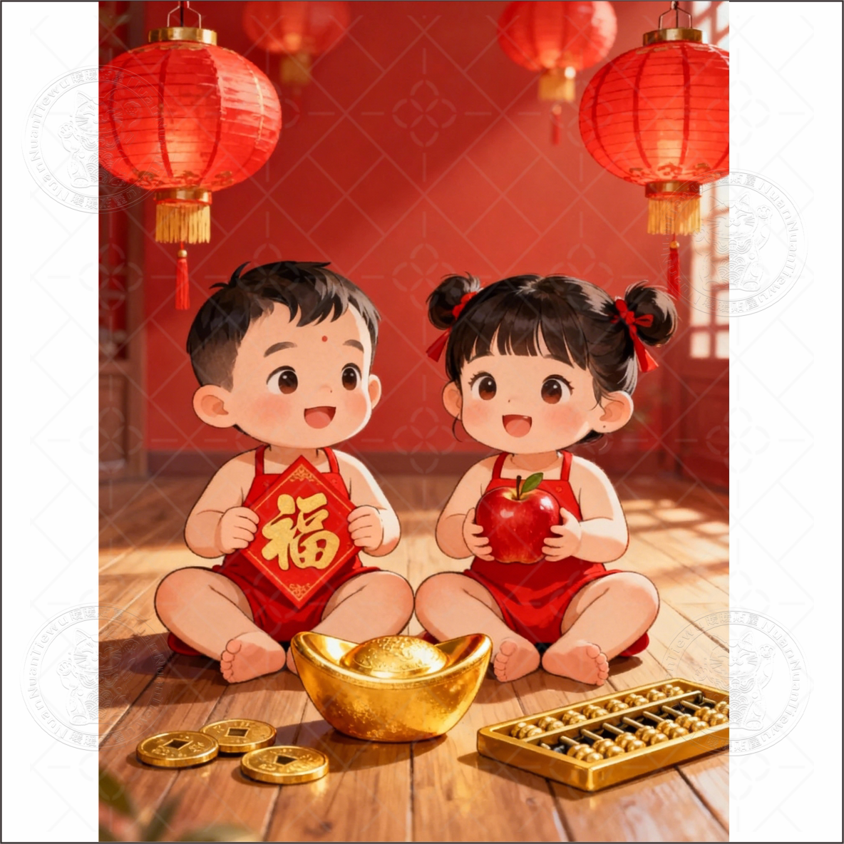 新中式年画娃娃海报墙贴画装饰室内可爱福娃贴画网红中国风自粘贴