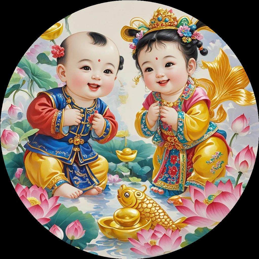 中国风招财福娃宝宝圆形门窗衣柜玄关客厅墙壁自粘防水贴纸画P263