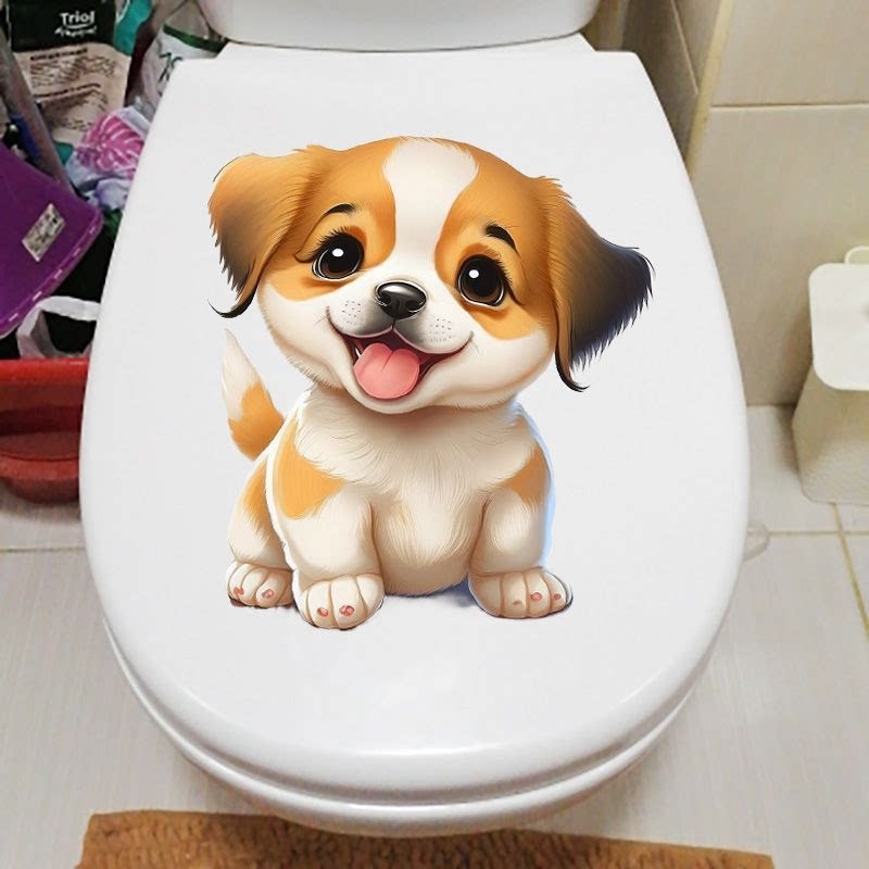 可爱开心吐舌狗家居卧室墙体装饰贴画洗手间防水马桶贴纸P184